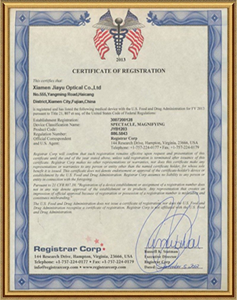 Certificate scan captioned "eyewear FDA" on the Jiayu 2022 certificate page