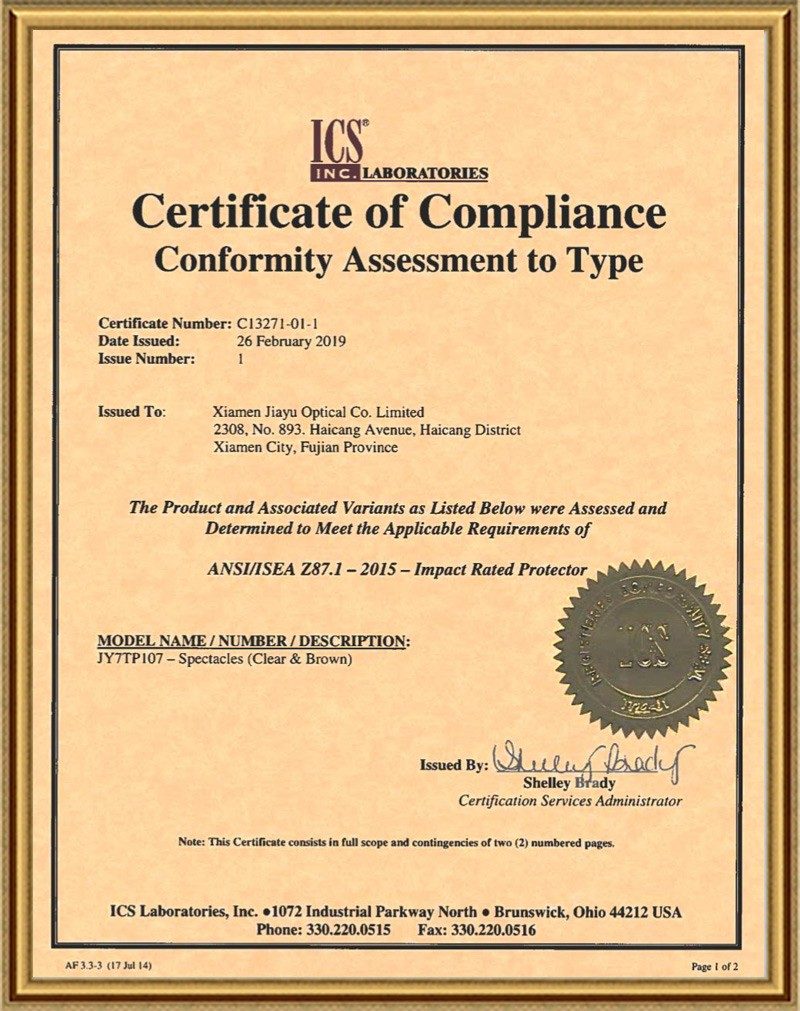 Certificate scan captioned "ICS Safety glasses" on the Jiayu 2022 certificate page