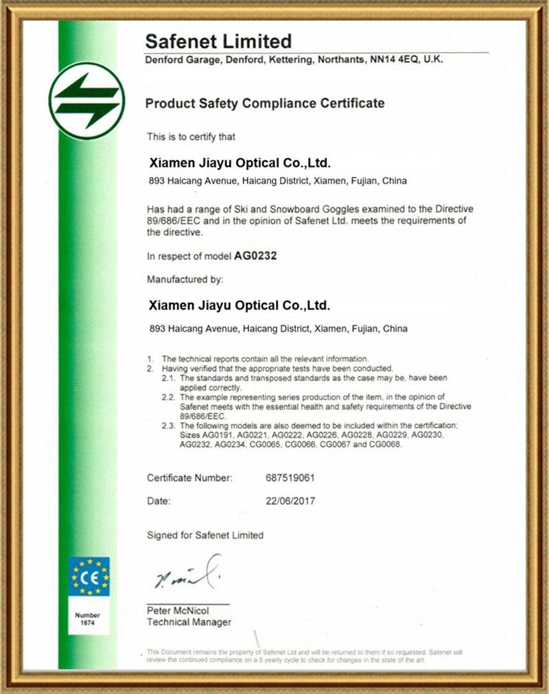 Certificate scan captioned "product safety compliance certificate for ski goggles" on the Jiayu 2022 certificate page