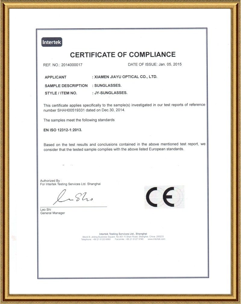 Certificate scan captioned "sunglasses CE" on the Jiayu 2022 certificate page