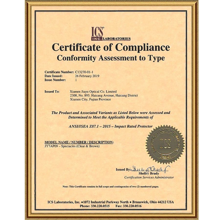 Certificate scan captioned "ICS ANSI Z87.1 for safety glasses" on the Jiayu 2025 certificate page