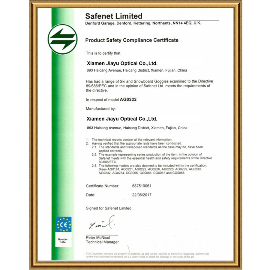 Certificate scan captioned "product safety compliance certificate for ski goggles" on the Jiayu 2025 certificate page