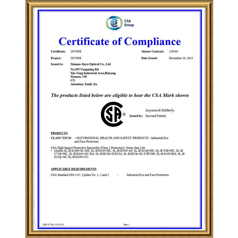 Certificate scan captioned "safety glasses CSA-Z94.3" on the Jiayu 2025 certificate page